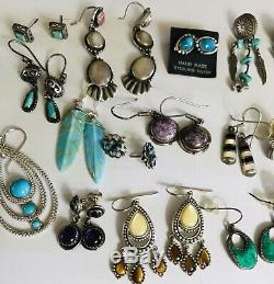 Huge Vtg Lot 925 Sterling Silver Earrings 20 Pair Native American Mex Turquoise