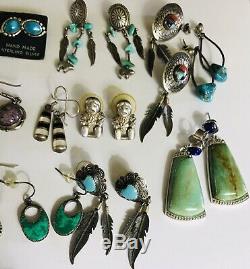 Huge Vtg Lot 925 Sterling Silver Earrings 20 Pair Native American Mex Turquoise
