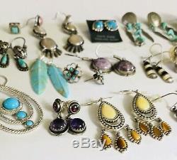 Huge Vtg Lot 925 Sterling Silver Earrings 20 Pair Native American Mex Turquoise