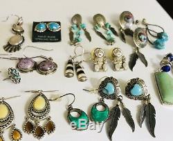 Huge Vtg Lot 925 Sterling Silver Earrings 20 Pair Native American Mex Turquoise