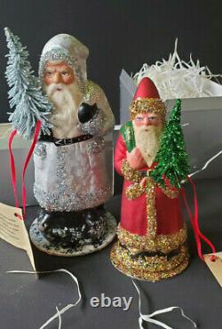 Ino Schaller Bayern Pair Paper Mache Santa, Red withGold Glitter, Silver withSilver