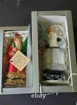 Ino Schaller Bayern Pair Paper Mache Santa, Red withGold Glitter, Silver withSilver