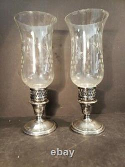 International Sterling Candle Holder Etched Hurricane Weighted Rare Vintage Pair