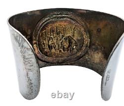 J Th S Denmark Cuff Bracelets Pair of Silver Plate Hammered Repousse Signed VTG