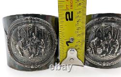 J Th S Denmark Cuff Bracelets Pair of Silver Plate Hammered Repousse Signed VTG