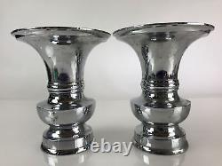 Japanese Buddhist Altar Fitting Flower Vase Stand Pair Vtg Silver BU770