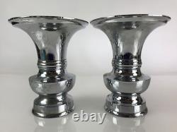Japanese Buddhist Altar Fitting Flower Vase Stand Pair Vtg Silver BU770