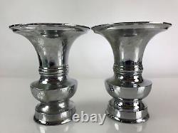 Japanese Buddhist Altar Fitting Flower Vase Stand Pair Vtg Silver BU770