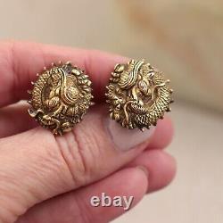 Japanese Menuki Dragon Cufflinks Sterling Silver Mount Vintage Meiji Gilt Bronze