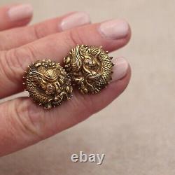Japanese Menuki Dragon Cufflinks Sterling Silver Mount Vintage Meiji Gilt Bronze