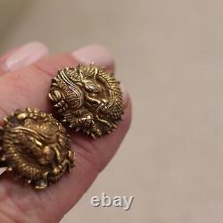 Japanese Menuki Dragon Cufflinks Sterling Silver Mount Vintage Meiji Gilt Bronze