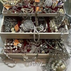 Jewelry Box Lot Lg VTG-CONTEMP clear & White Selection Of Jewels Variety &Value