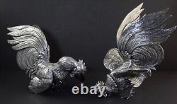 LARGE PAIR Vintage SILVER FIGHTING COCKSROOSTER FIGURINESDETAILED SILVERPLATE