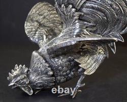 LARGE PAIR Vintage SILVER FIGHTING COCKSROOSTER FIGURINESDETAILED SILVERPLATE