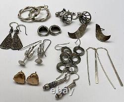 LOT of 10 Pairs Vintage Sterling Silver Hoop Dangle Stud Heart Cactus Earrings