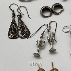 LOT of 10 Pairs Vintage Sterling Silver Hoop Dangle Stud Heart Cactus Earrings
