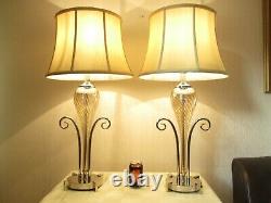 Large Pair Of Designer Chrome And Glass Table Lamps With Vintage Shades