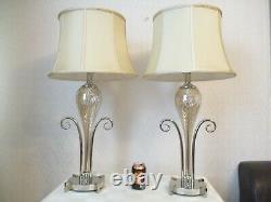 Large Pair Of Designer Chrome And Glass Table Lamps With Vintage Shades