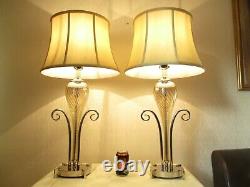 Large Pair Of Designer Chrome And Glass Table Lamps With Vintage Shades