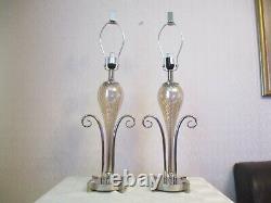 Large Pair Of Designer Chrome And Glass Table Lamps With Vintage Shades