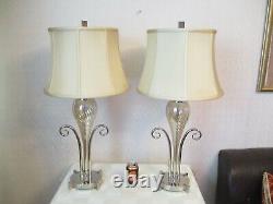 Large Pair Of Designer Chrome And Glass Table Lamps With Vintage Shades