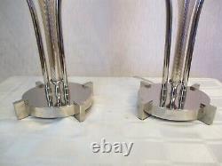 Large Pair Of Designer Chrome And Glass Table Lamps With Vintage Shades