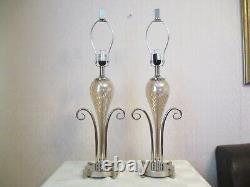 Large Pair Of Designer Chrome And Glass Table Lamps With Vintage Shades