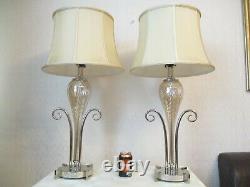 Large Pair Of Designer Chrome And Glass Table Lamps With Vintage Shades