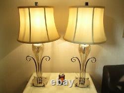 Large Pair Of Designer Chrome And Glass Table Lamps With Vintage Shades