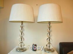 Large Pair Of Heavy Chrome And Glass Table Lamps With Vintage Shades