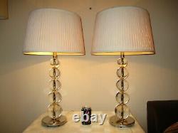 Large Pair Of Heavy Chrome And Glass Table Lamps With Vintage Shades