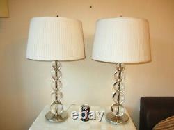 Large Pair Of Heavy Chrome And Glass Table Lamps With Vintage Shades