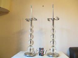 Large Pair Of Heavy Chrome And Glass Table Lamps With Vintage Shades