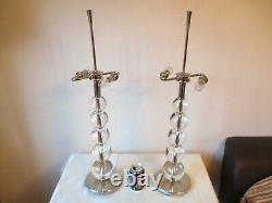 Large Pair Of Heavy Chrome And Glass Table Lamps With Vintage Shades