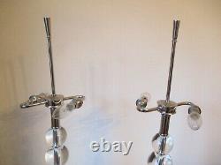 Large Pair Of Heavy Chrome And Glass Table Lamps With Vintage Shades