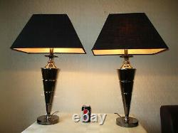 Large Pair Of Vintage Art Deco Style Chrome Table Lamps With Deco Shades