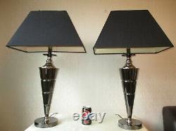 Large Pair Of Vintage Art Deco Style Chrome Table Lamps With Deco Shades