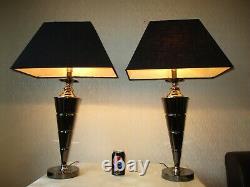 Large Pair Of Vintage Art Deco Style Chrome Table Lamps With Deco Shades