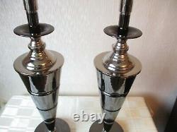 Large Pair Of Vintage Art Deco Style Chrome Table Lamps With Deco Shades