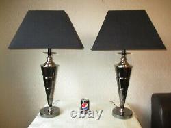 Large Pair Of Vintage Art Deco Style Chrome Table Lamps With Deco Shades