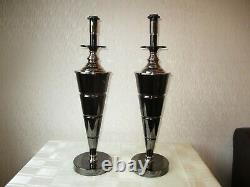 Large Pair Of Vintage Art Deco Style Chrome Table Lamps With Deco Shades