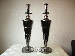 Large Pair Of Vintage Art Deco Style Chrome Table Lamps With Deco Shades