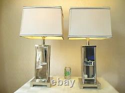 Large Pair Of Vintage Mirrored Chrome Table Lamps With Vintage Shades