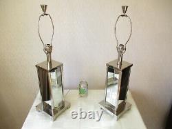 Large Pair Of Vintage Mirrored Chrome Table Lamps With Vintage Shades