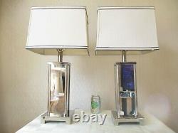 Large Pair Of Vintage Mirrored Chrome Table Lamps With Vintage Shades