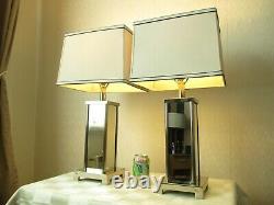 Large Pair Of Vintage Mirrored Chrome Table Lamps With Vintage Shades