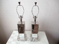 Large Pair Of Vintage Mirrored Chrome Table Lamps With Vintage Shades