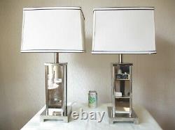 Large Pair Of Vintage Mirrored Chrome Table Lamps With Vintage Shades