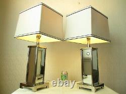 Large Pair Of Vintage Mirrored Chrome Table Lamps With Vintage Shades