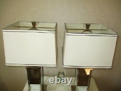 Large Pair Of Vintage Mirrored Chrome Table Lamps With Vintage Shades